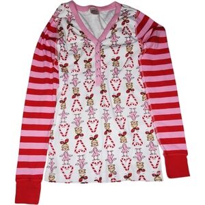 Women's Dr Seuss Grinch Henley Pajama Top Cindy Lou Who Candy Cane Size Small